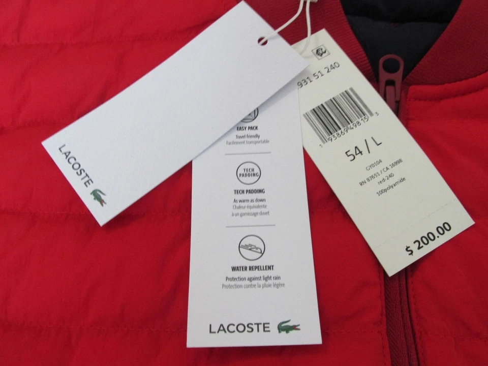 NEW Lacoste Lightweight Water Resistant Puffer Vest Mens L Red BH1931 $200.00 - Image 3 of 4
