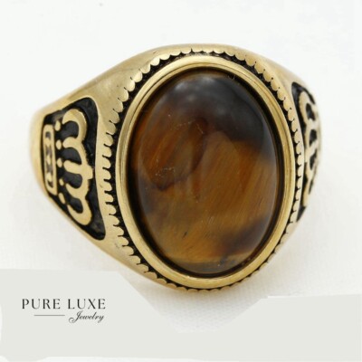 Men's Stainless Steel Crown Tiger's-eye,Rings #8 10 12 Gold