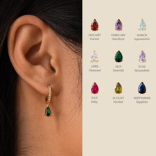 Minimalist Hoop Earrings Birthstone Pear  round Gemstones Hoops Charm Earrings