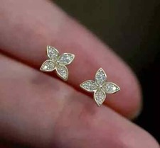 1.20 Ct Round Cut Real Moissanite Flower Stud Earrings 14K Yellow Gold Plated