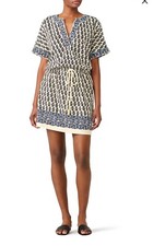 Tory Burch Amara Dress Women's - M 100% Pima Cotton Drawstring Ivory Black/Blue
