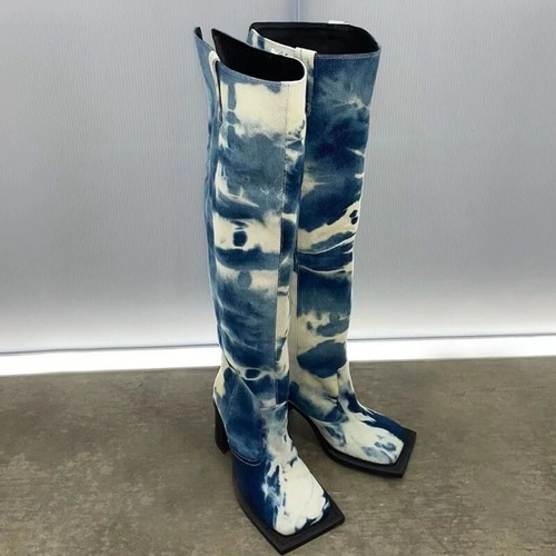 Damenschuhe mit quadratischer Zehenpartie über dem Knie hoch Denim klobiger Blockabsatz zum Anziehen - Bild 12 von 14