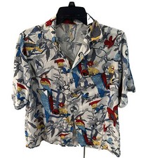 Vintage 1970s Rayon Graphic Bright Button Shirt Parrot Scene Rich Vibrant Med