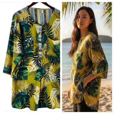 Fig Flower Anthropologie 3X 22 24 Top Tunic Shirt Leaves Tropical Gold Green ''