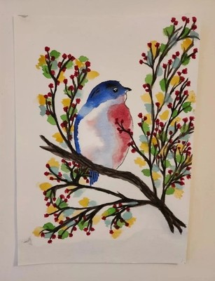Original Aquarell von Péppuchello - SerenadeRobin & Berries Naturszene 