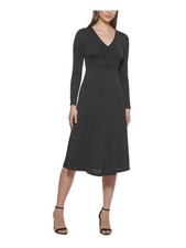 KENSIE Womens Fit + Flare Midi Dress Black Long Sleeve V Neck Wear To Work XS