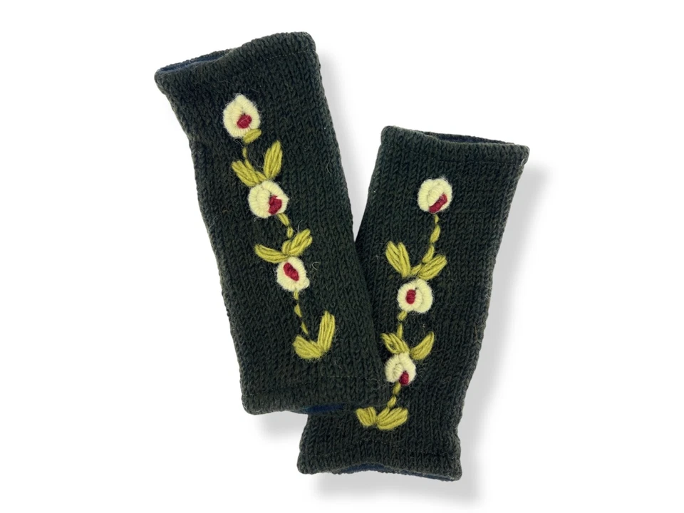 Guantes sin dedos verde flor lana tejido a mano mano mano mitones bordados forrados de vellón Foto 3 de 3