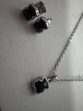 Silver Tone Black Clover Pendant Necklace Matching Stud Earrings Jewelry Set