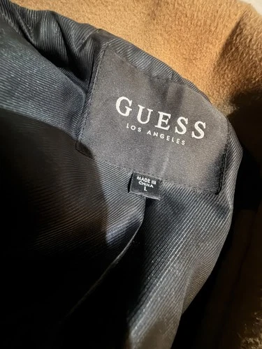 GUESS Marciano Camel Double Breasted Coat Men L Gold Crest Buttons Long Wool-Loo image 4