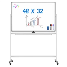 Maxtek Rolling White Board on Wheels 48x32 inch Double Side Magnetic Dry Eras...