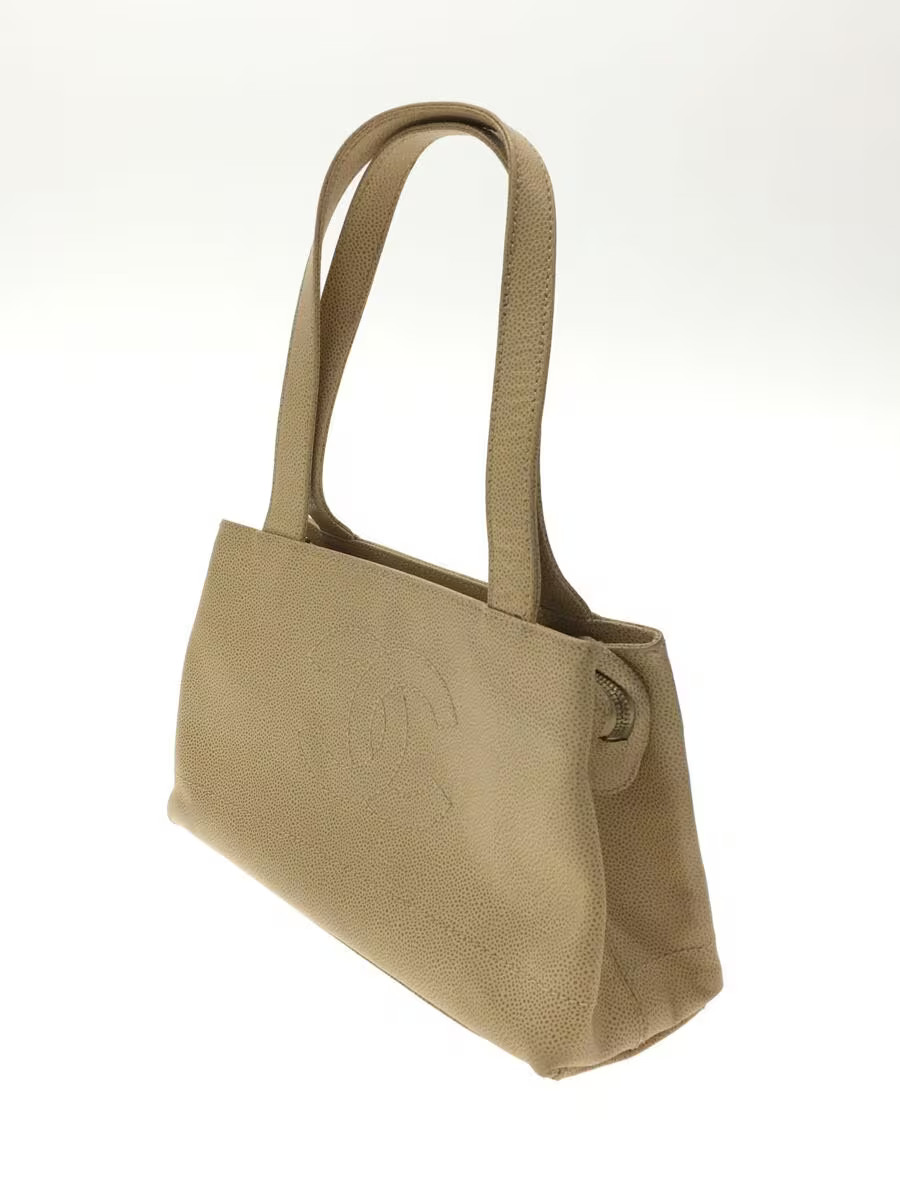 CHANEL Leather BEG Coco Mark Tote Bag with Handle and Corner Wear 7357651