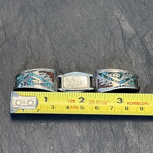 William Signer Navajo intarsiato turchese corallo chip orologio punte vintage sterling 11 - Foto 9 di 19