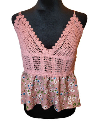 NWT Mauve Crochet Floral Spaghetti Strap Babydoll Top  L Coquette Boho Festival