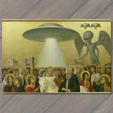 ART CARD Alien Winged Creature Ufo Beam Crowd Gathering Dark Surreal Gothic