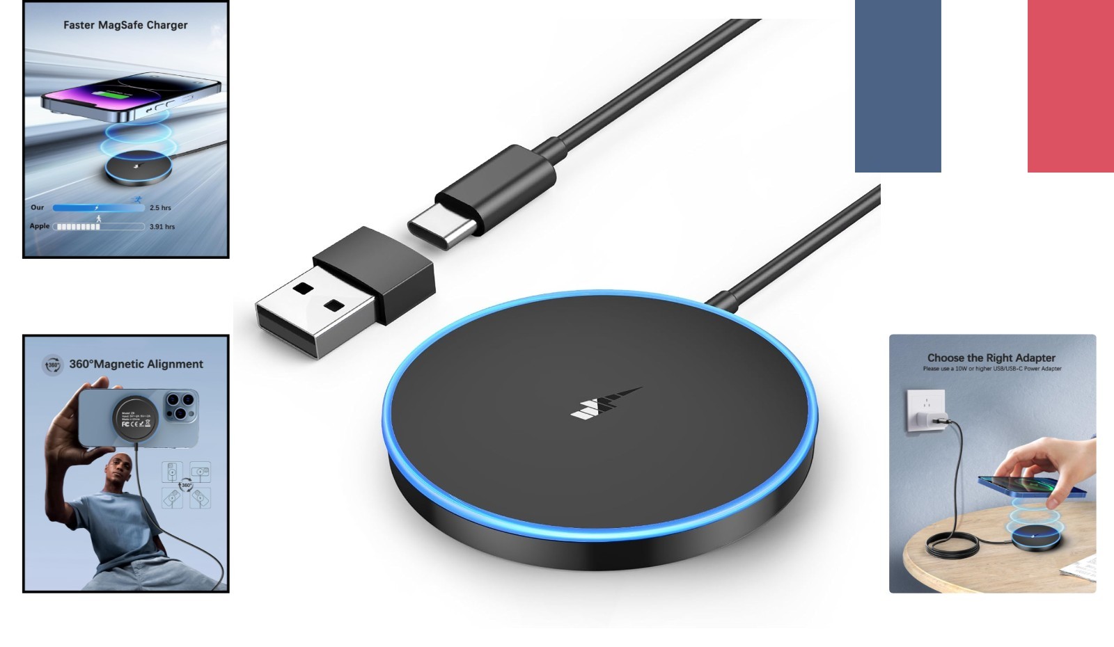 Chargeur induction rapide pour smartphone iPhone 12, 13, 14, 15, 16, 17 et AirPods LED