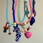 Beaded Necklace Ceramic Fish Starfish Heart Blue Pink Ocean Womens Jewelry