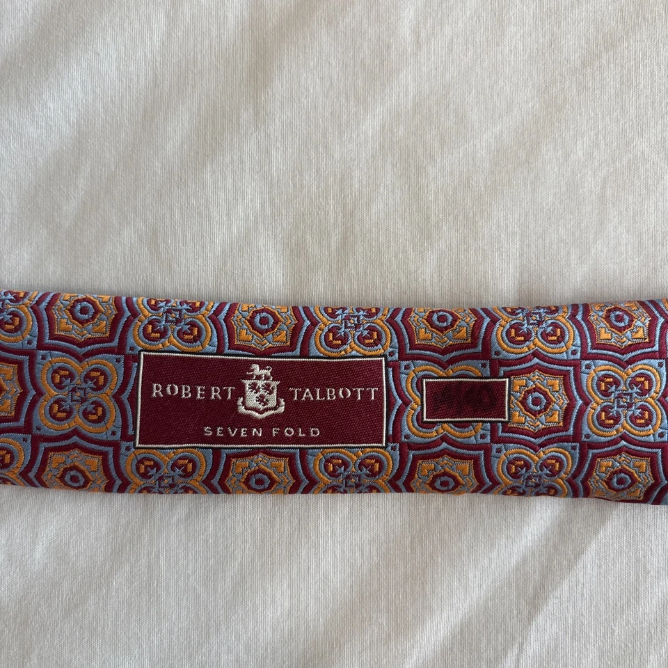 Corbata Robert Talbott siete pliegues roja azul naranja geométrica 14/40 Foto 4 de 4