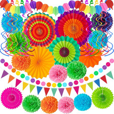 33Pcs Fiesta Decorations Cinco De Mayo Decorations Multi-Color Paper Fans Garlan