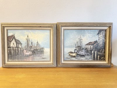 Pair of Original Oil Paintings on Canvas Signed Florence Harbor Seascape Diptych