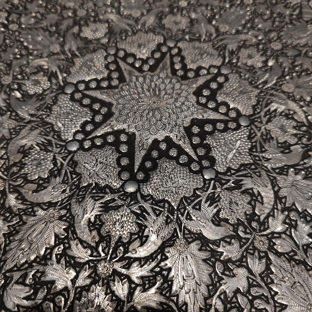 Vintage Middle Eastern Round Silver Tray Floral Design - Thumbnail 2