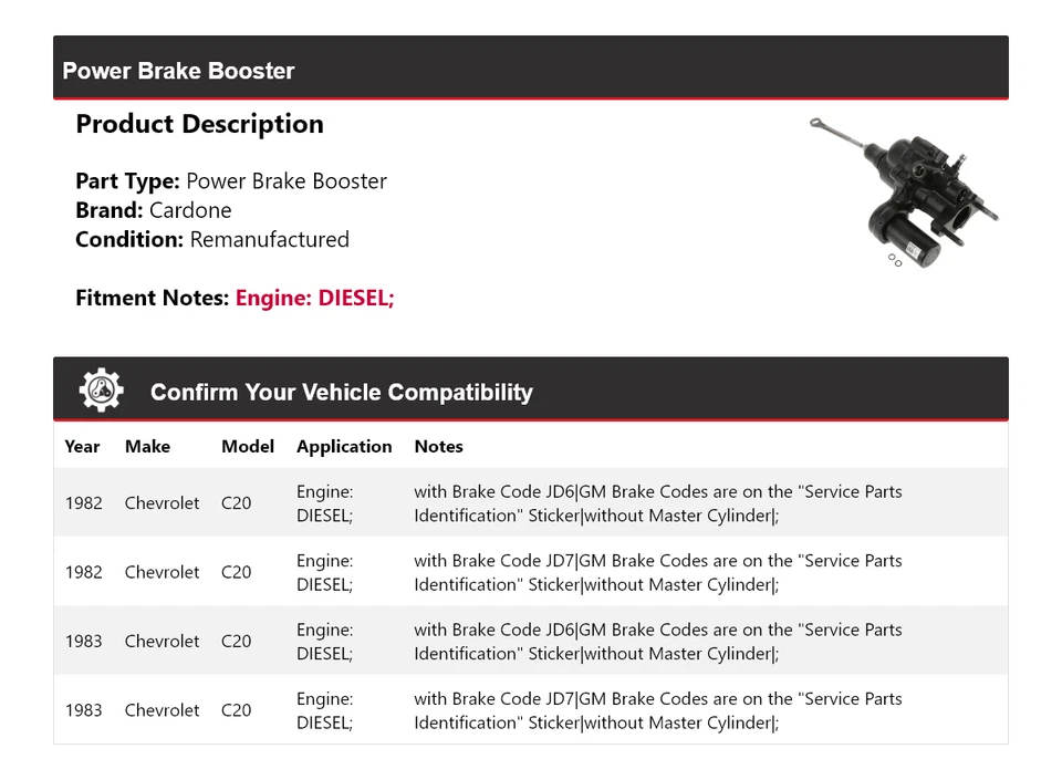 For 1982-1983 Chevrolet C20 DIESEL Power Brake Booster Cardone - Image 2 of 4