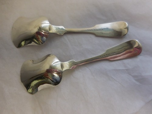 RARE R & W WILSON PHILADELPHIA PAIR COIN SILVER TEA CADDY SPOONS FIDDLE 4 1/2" - Picture 6 of 10