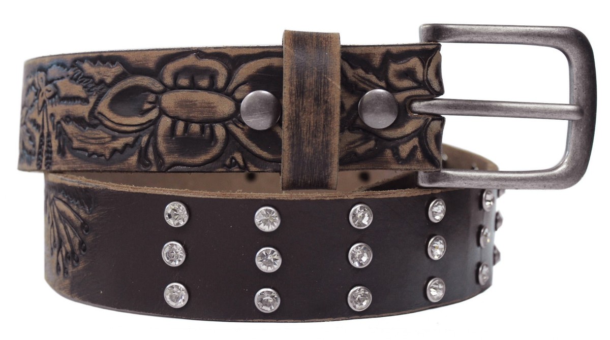 Handcrafted Leather Cowhide Belt Western Style Rhinestones Floral Buckle Design Western Rhinestone Buckle Genuine Full Grain Floral Engraved  main image 3