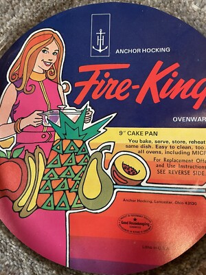 Vintage Fire King 9  Cake Pan w/Label 1980 s 70 s Anchor Hocking Sears Label