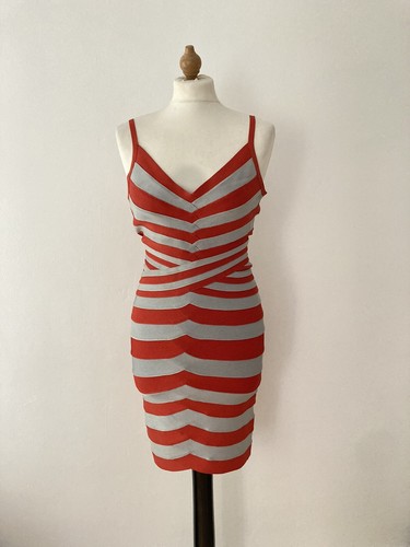 HERVE LEGER “Andreea” Red Orange Silver Grey Stripe Bandage Bodycon Dress SIZE M - Picture 12 of 12