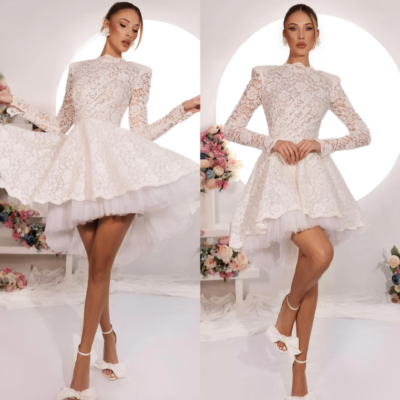 white christmas dresses Grey Unique Applique Illusion High Low Long Sleeve Prom Dresses,PD0017 –  AlineBridal main image 0