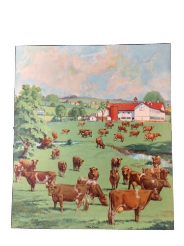 VTG ATQ c 1920s Farm Scene Art Print Cattle Barn Country Prize Farm - Picture 1 of 7