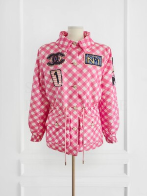 NWT CHANEL 23C SEQUIN LOGO EMBROIDERED PINK CHECK SILK NWT CHANEL 23C SEQUIN LOGO EMBROIDERED PINK CHECK SILK
