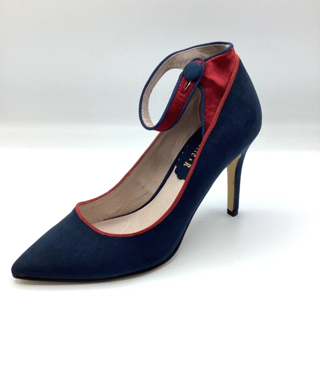 Mademoiselle R Navy Faux Suede High Heel Ankle Strap Court Shoes
