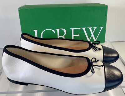 J.CREW Leather Zoe Bow Ballet Flats With Toe Cap 12 Ivory Black $148 #BX921 NEW