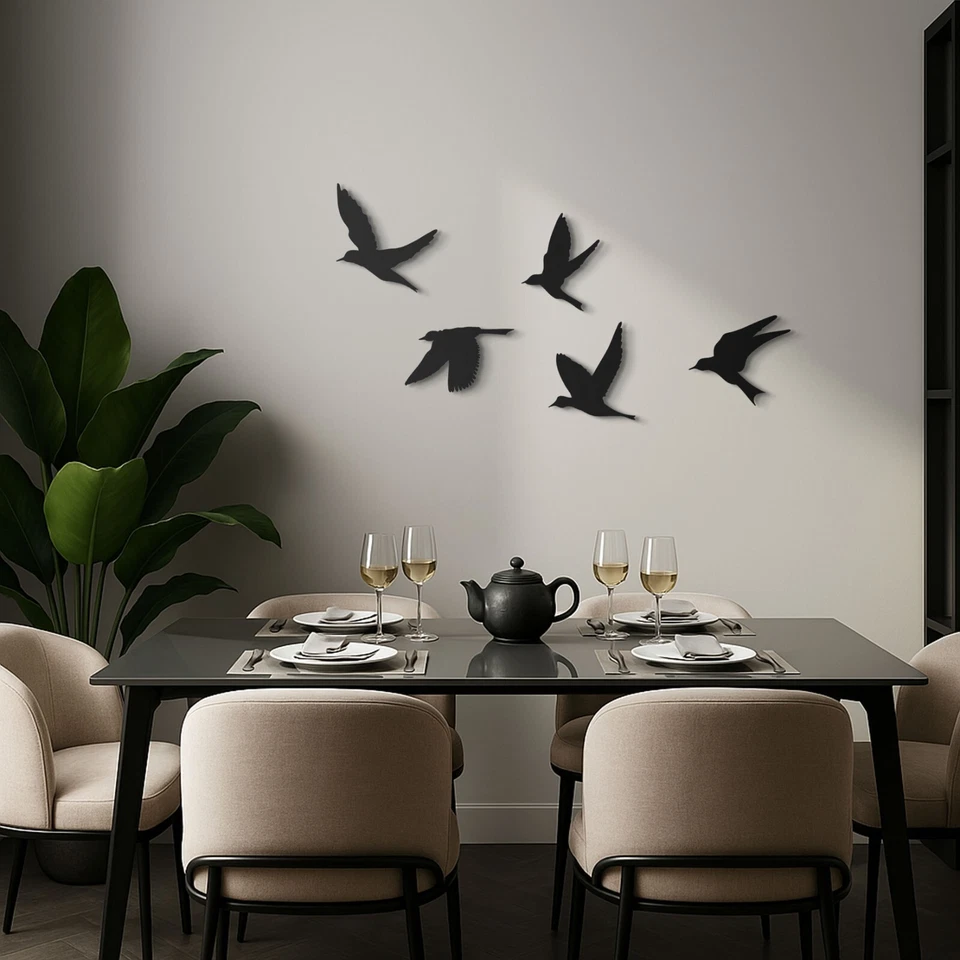 Conjunto de arte de silueta de 5 piezas para decoración de pared de metal de pájaros negros hogar dormitorio oficina Foto 4 de 4