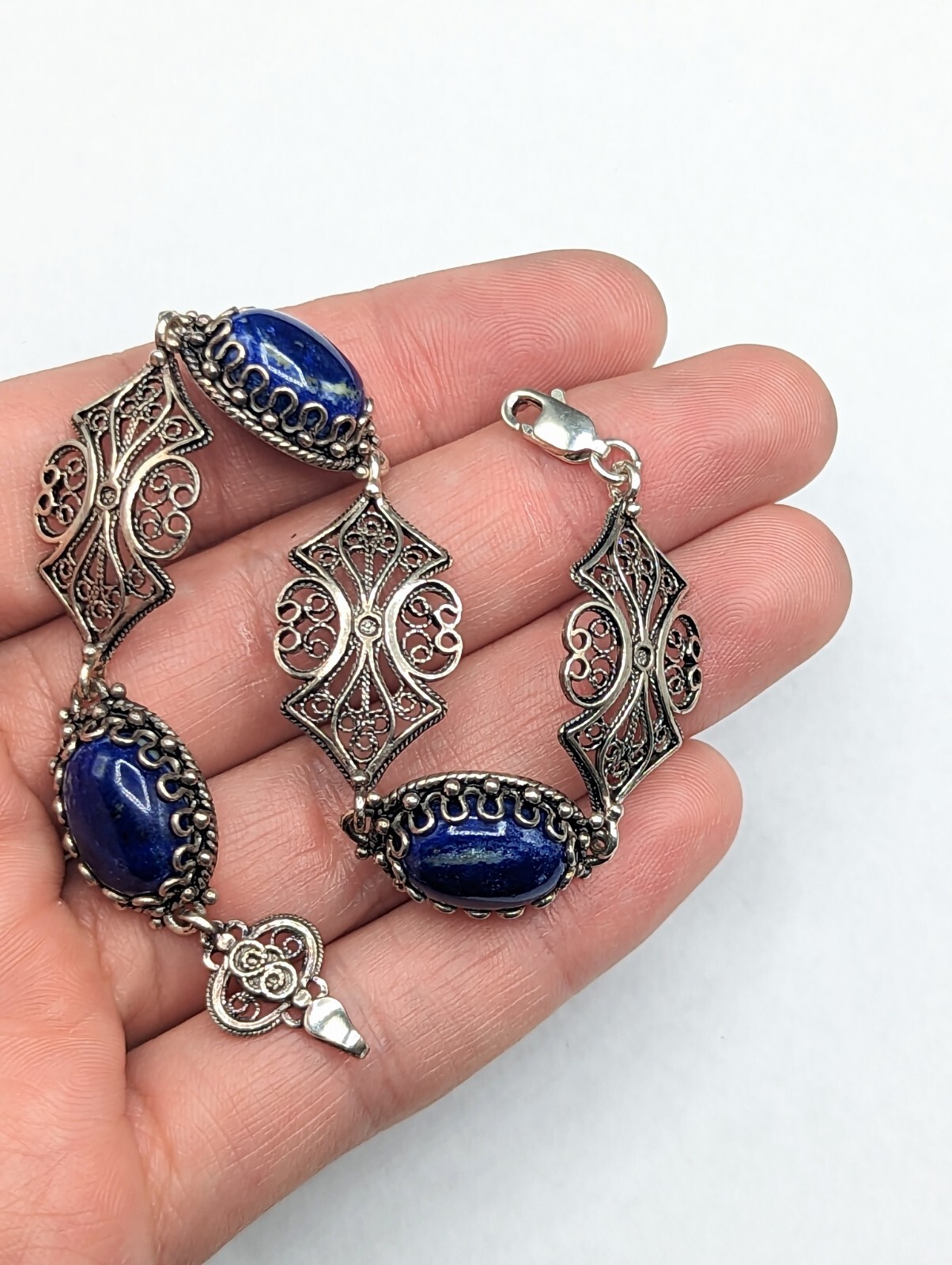 Signed DGS 925 Turkey Sterling Silver Filigree Sodalite Blue Stones Bracelet 7 eBay