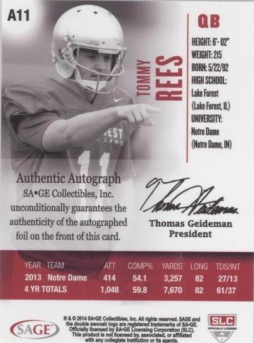 2014 SAGE Hit Tommy Rees #A11 for sale | eBay