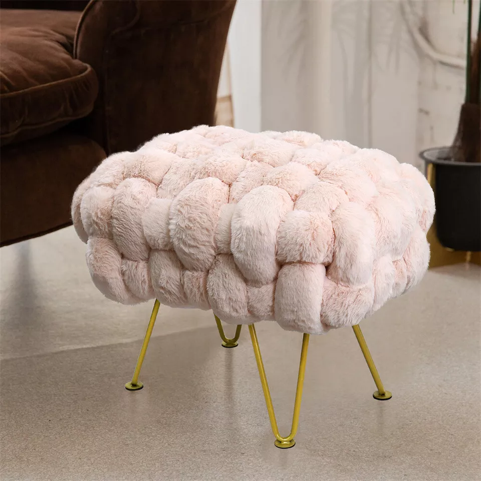Handwoven Plush Faux Fur Vanity Stool Soft Ottoman Makeup Footrest w/ Metal Legs - Image 3 of 4