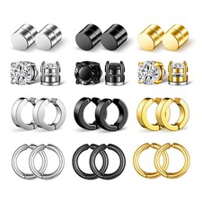 12 Pairs Magnetic CZ Stud Stainless Steel Fake Earrings Non-Piercing Hoop Unisex