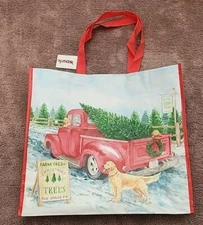 TJ MAXX Christmas Red Truck & Golden Retrievers Large Reusable Shopping Bag Tote