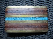 ABSTRACT EXOTIC WOOD TURQUOISE BRASS HIPPIE BELT BUCKLE VINTAGE RARE HANDMADE