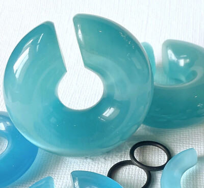 #ad PAIR Light Blue Cat Eye Stone Hoop Taper Hanger Ear Weight Plug Gauge Tunnel $19.95