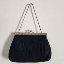 Vintage Black Pleated Satin Evening Clutch Bag Gold Tone Frame Kiss Lock