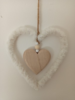 Hänger Herz aus Holz und Textil, liebevolle Deko oder Geschenk natur/weiß