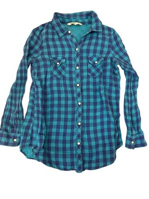 Old Navy Juniors Blue & Green Plaid Pearl Snap Button-Down Shirt S Y2K Grunge