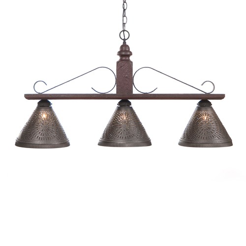 Large island light with three metal cone-shaped lamps, brown wood base, and ornate scrollwork design.