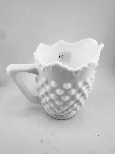Vtg MCM Fenton Hobnail White Milk Glass Creamer/Pitcher w/Scallop Edge