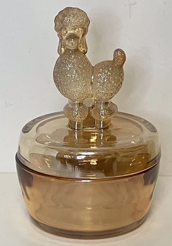 Vintage Jeanette Amber Marigold Carnival Glass Poodle Covered Dish Powder Dish