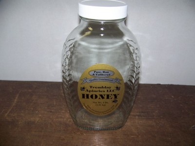 empty vntg Honey Jar Glass Ribbed screw on lid holds 4lbs original label Clean!