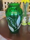 Vtg Anchor Hocking Forest Green   Vase 9” Hand Painted Lily of the Valley